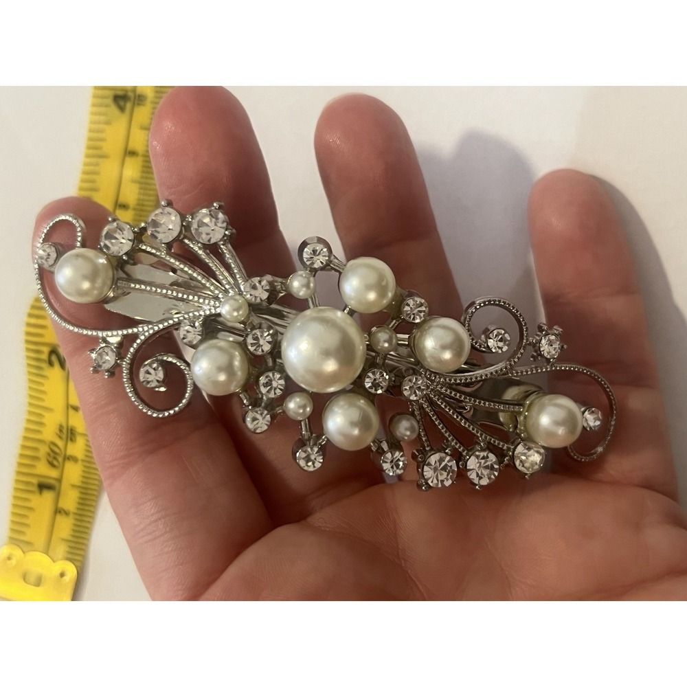 Vintage Simulated Pearl Clear Rhinestone Ornate Silver Tone Hair Barrette - Picture 3 of 9